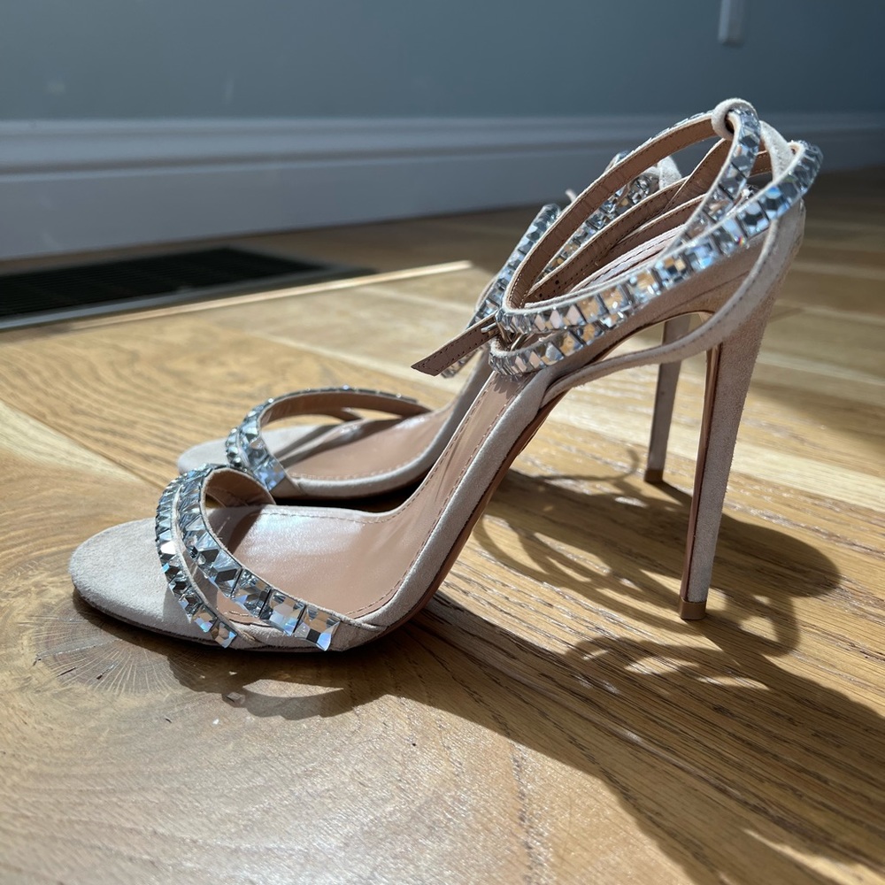 Aquazzura So Vera 105 Crystal-embellished Suede Sandal in Nude. Worn only once.